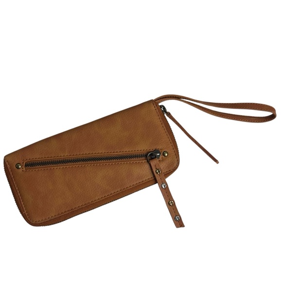 Free People Handbags - Free People Vegan Leather Wristlet Wallet Brown Zip Around Stud Pull